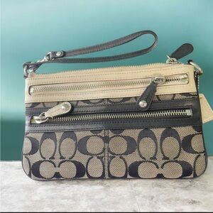 Coach Signature Wristlet in Black and Cream
